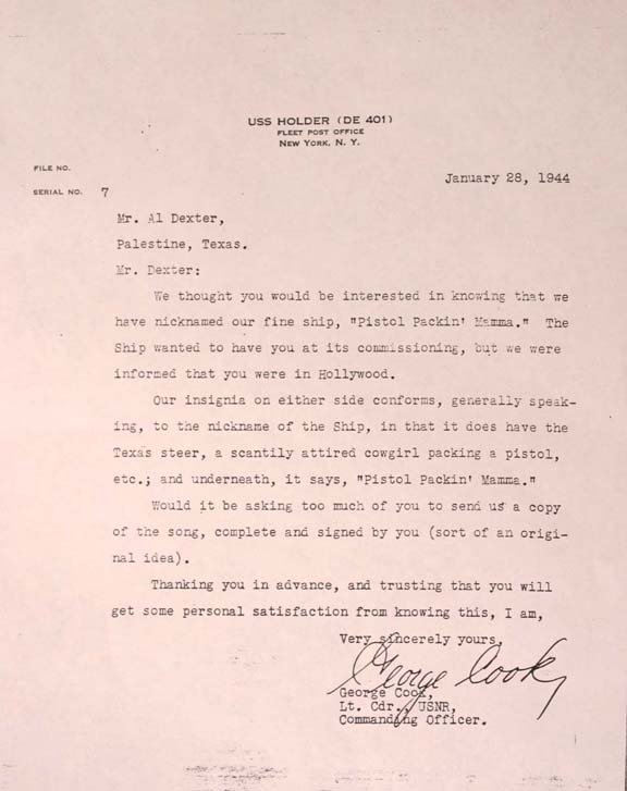 Letter CO DE-401 to singer Al Dexter 28 January 1944