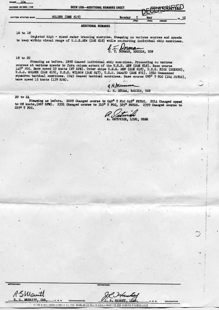 Deck Log Additional Remarks Sheet 05 May 1952
