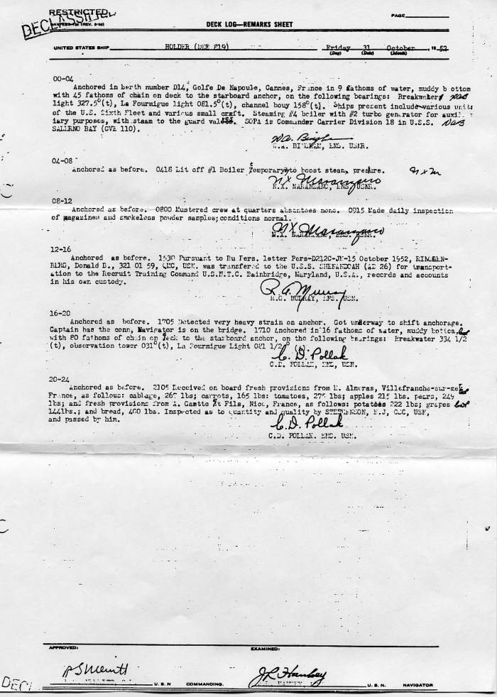 Deck Log Remarks Sheet 31 October 1952