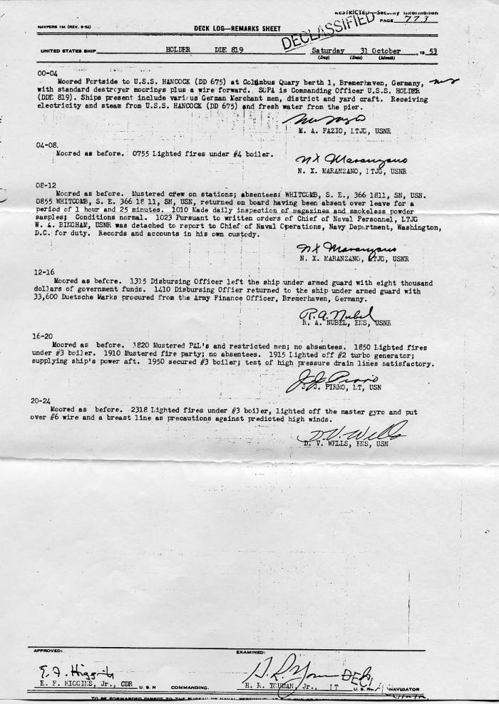 Deck Log Remarks Sheet 31 October 1953