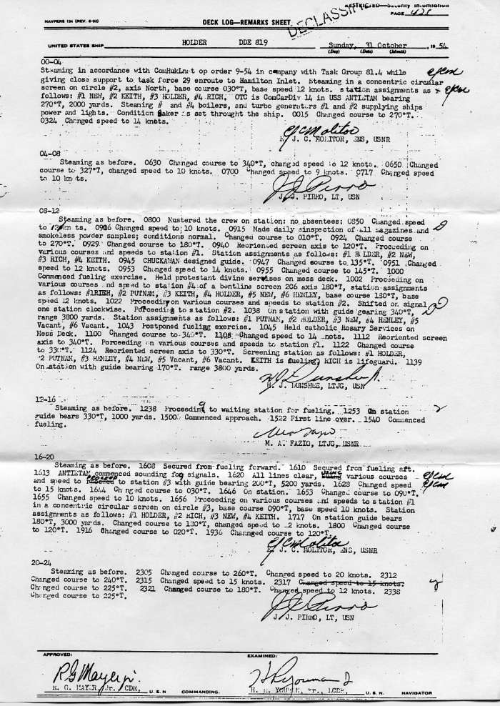 Deck Log Remarks Sheet 31 October 1954
