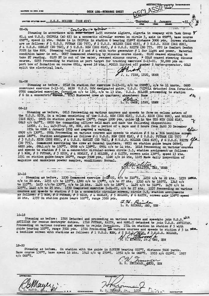Deck Log Remarks Sheet 06 January 1955
