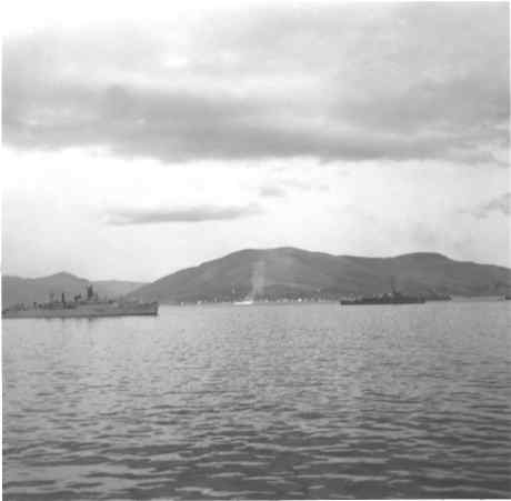 Photo - Anchored In Harbor Scotland - English Destroyer Forground